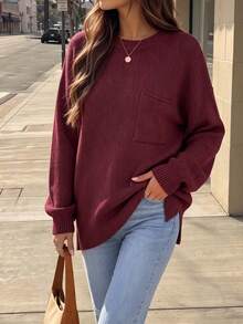 Women's Casual Crew Neck Pullover Solid Color Drop Shoulder Patch Pocket Sweater - Anchor Red - View 2