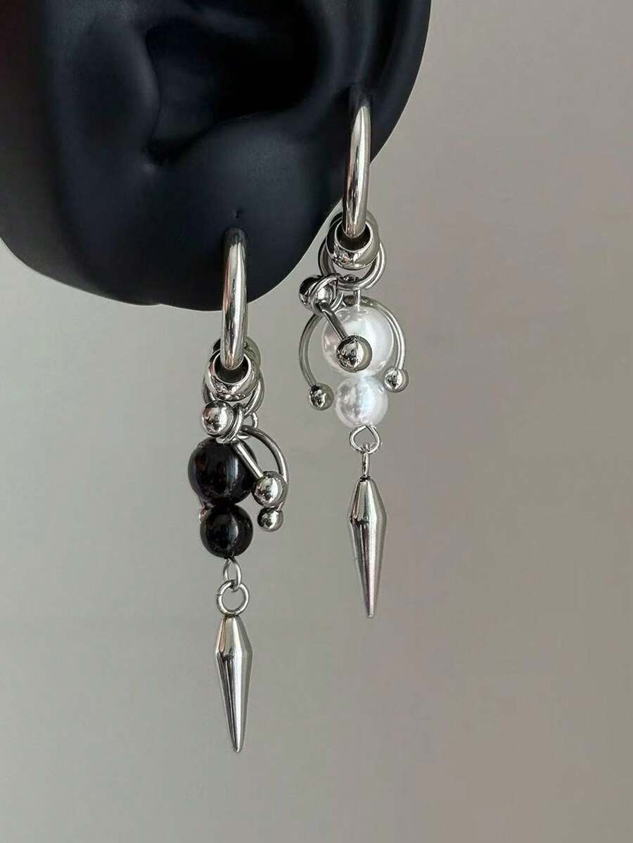 Punk Spiked Pearl Earrings, Asymmetric Beaded Pendant Earrings, Y2K Gothic Cool Metal Jewelry, Women's Street Style - Silver - View 1