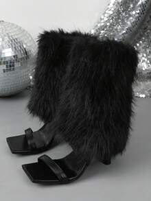 Autumn/Winter Niche Long Fur Ankle High Heel Sandals Boots Women Square Toe Single Strap Stiletto Heel Slimming Short Boots - Black - View 9