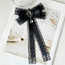 Bowknot Lace Patchwork Shiny Rhinestone Long Ribbon Brooch, Women's Bowknot Collar Accessory, Versatile Clothing Accessory For Shirts And Dresses, Decorative Collar Bow, Holiday Gift - Black - View 2