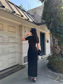 Women's Ribbed Half Sleeve Diamond Dress - Black - View 3