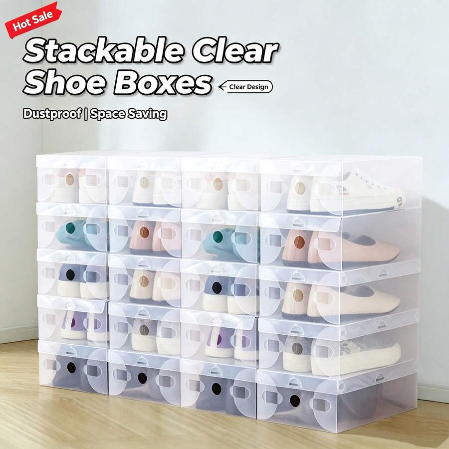 6 Pcs Large‑Capacity Stackable Plastic Shoe Boxes, Transparent Rectangular Shoe Storage Boxes, Dust‑Proof & Space‑Saving, Sturdy Durable Shoe Storage, Easy To Assemble & Disassemble, For Bedroom, Entryway, Household Shoe Storage & Organization - View 1