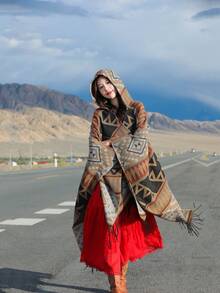 1pc Striped Geometric Jacquard Tassel Hooded Shawl For Daily Wear - Multicolor - View 6