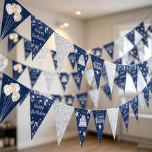 8/16/24 PCS Midnight Blue Star-Shaped Birthday Decorative Flag Set, Silver Sequin Triangular Flag, Featuring Birthday Cake And Balloon Patterns, Suitable For Male Birthday Party Wall Decoration Items - View 7
