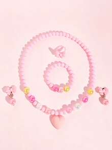5pcs/Set Girls Princess Heart Bow Beaded Necklace, Bracelet, Ring And Earring Jewelry Set, Suitable For Party, Gathering, Daily Wear - Multicolor - View 5