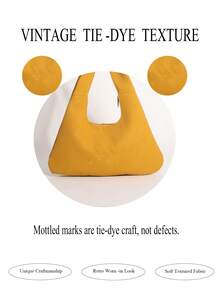 1pc Yellow PU Tie-Dye Distressed Vintage Crescent-Shaped Pleated Patchwork Underarm Shoulder Bag For Women, Suitable For Autumn Commuting And Shopping - Yellow - View 2