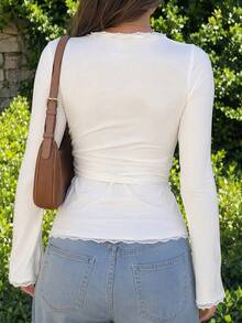 Women's V-Neck Lace Patchwork Long Sleeve Top - White - View 6