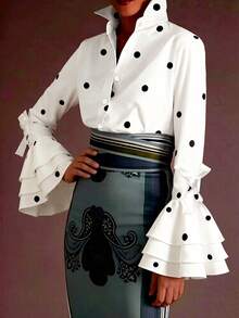 Women's Elegant Vintage Polka Dot Stand Collar Bow Cuff Multi-Layer Ruffle Bell Sleeve Long Sleeve Blouse - White - View 5