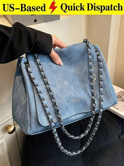 Elegant Solid Color Chain Bag, Women's 2026 New Textured Flap Large Capacity Commuter Shoulder Crossbody Bag
