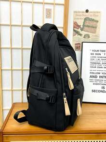 Dedoo Random Letter Print Large Capacity Vintage College Style Student Campus Daily Backpack, University Campus Backpack - Black - View 4