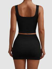 Women's Solid Color Ruched Bodycon Camisole And Mini Skirt Set - Black - View 3