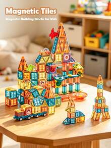 NEUSNEY Magnetic Tiles Building Blocks Kids Toy Set Magnetic Assembly Track Puzzle Interactive Game Gift Birthday Present Some Accessories Randomly Selected - Multicolor - View 3