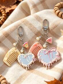 Lovely Keychain Charm Acetate Alloy Hair Comb Design Heart Mirror,For Handbag Crossbody Bag Phone Car Keyring Accessory, For Women Girls Daily - Multicolor - View 2