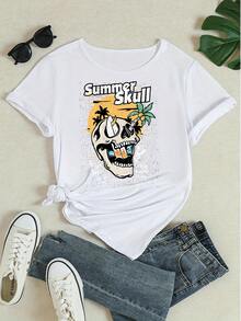 Casual Oversized Women's T-Shirt, Summer Skull Graphic Print With Palm Trees, Retro Grunge Style, Halloween Motif, Summer Beach Casual Top - White - View 5