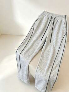 Relaxed Fit All-Day Men's Wide Leg Sweatpants With Side Contrast Stripe Design, Adjustable Drawstring Waist, Large Pockets, Light Exercise Sports - Light Grey - View 5