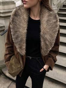 Luxury Suede Oversized Wool Coat Women Lapel Faux Fur Long Sleeve Daily Fall Winter Fashion - Coffee Brown - View 2