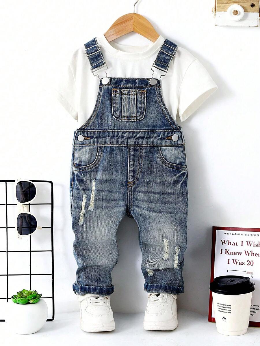 Pantalones vaqueros con tirantes personalizados y desgastados para niño, con estampado de caballos y vacas negras a, para fiestas de Halloween - Gris - Ver 1