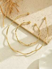 2pcs Fashionable Minimalist Wavy Collar Necklace & Bracelet Set, Exquisite Women's Jewelry, Suitable For Daily Wear, Party, Gift, Summer Celebration - Yellow Gold - View 2