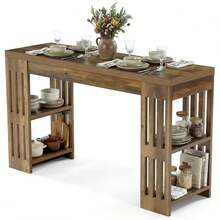 LITTLE TREE 160cm Wooden Bar Table‑Wine Rack‑Storage Shelves‑Brown‑Bistro Home Bar Unit‑For Kitchen Dining Living Room - Brown - View 9