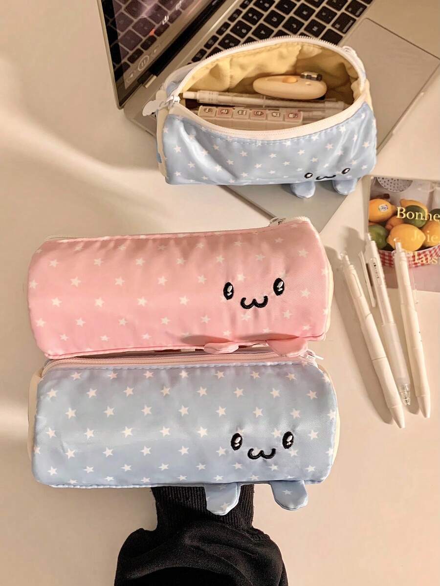 Cute Smiling Face & Star Pattern Zipper Pencil Case, Large Capacity Storage Bag, School And Classroom Stationery Organizer, Portable Desktop Storage Pouch, Suitable For School Or Office Use