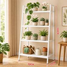 Estante para Plantas em Formato de Escada Quatro Níveis Cor Branco Cremoso, Aço Carbono Reforçado com Pintura Anti-ferrugem, Dimensões 60*35*150cm, Base Ampla Antiderramamento para Varandas e Jardins - EstantePlantas-4AndaresEscada-Branco - Visão 12