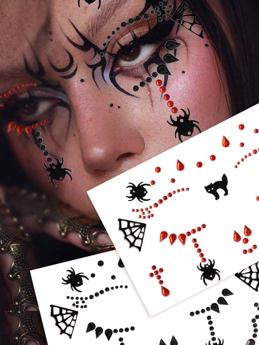 2 miếng dán đá rhinestone Halloween đen + đỏ lớn & nhỏ hình tròn & hình giọt nước với nhện, mèo, mạng nhện, trang trí mặt 3D cho trang điểm Halloween, tiệc, vũ hội, trang trí mặt & cơ thể - Nhiều màu - Xem 1