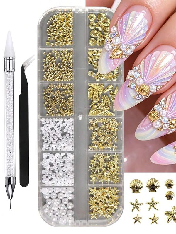 12pcs Shell & Starfish Gold Metal Nail Charms, Decorative Beads & Pearls Nail Art Accessories, Rivet Handmade Summer Ocean Holiday DIY Manicure Supplies