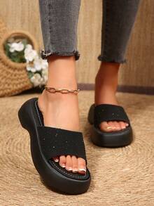 Women ‑Embossed Platform Slide Sandals, Open‑Toe Slip‑On Thick Sole Summer Slippers - Black - View 4