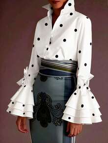 Women's Elegant Vintage Polka Dot Stand Collar Bow Cuff Multi-Layer Ruffle Bell Sleeve Long Sleeve Blouse - White - View 1