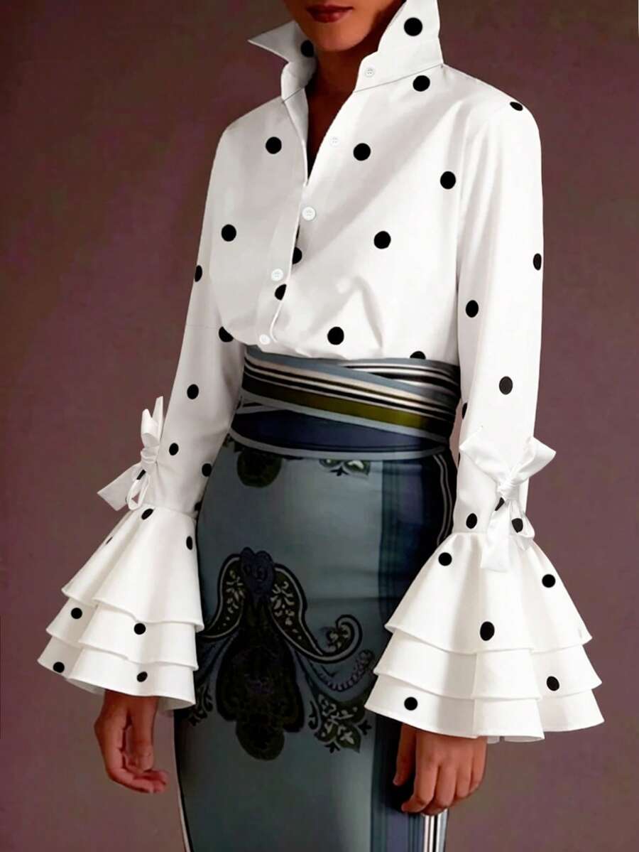 Women's Elegant Vintage Polka Dot Stand Collar Bow Cuff Multi-Layer Ruffle Bell Sleeve Long Sleeve Blouse - White - View 1