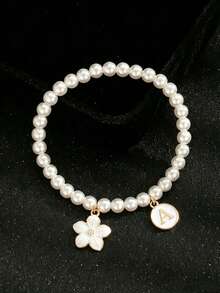 1pc Sweet Five-Petal Flower Initial Pendant Pearl Bracelet, Suitable For Summer Outdoor Campus Holiday Daily Wear, Birthday Gift Choice - Style 1 - View 6
