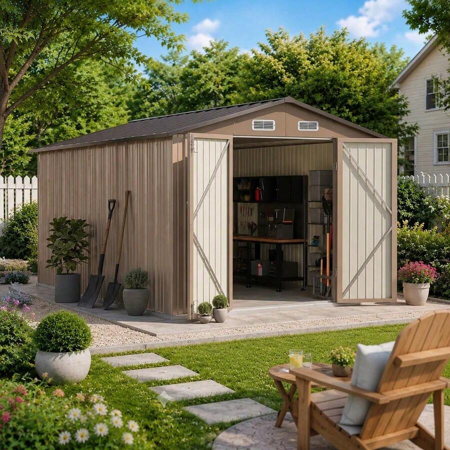Cobertizo Metálico Para Jardín 238x364cm, Puertas Dobles Con Cerrojo Para Almacenamiento De Herramientas, Caseta Exterior Resistente Para Patio Trasero