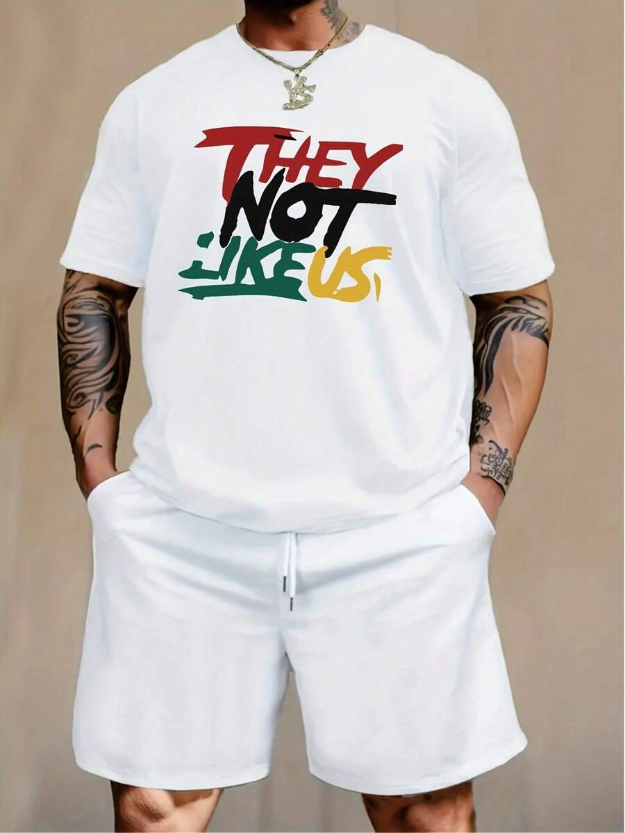 Men'S Clothing Featuring A Vibrant 'They Not Like Us' Letter Print Design, Perfect For Spring And Summer Outfits, With A Round Neck And Short Sleeves. - 白色 - 查看 1