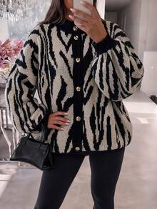 Plus Size Women's All-Over Print Casual Versatile Daily Wear Cardigan - Multicolor - View 3