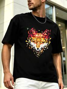 T-Shirt Con Grafica Di Volpe Geometrica, Tessuto Di Qualità, Vestibilità Comoda, Stile Street Hip-Hop, Confortevole, Stampa Artistica - Black - View 6