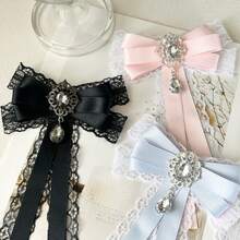 Bowknot Lace Patchwork Shiny Rhinestone Long Ribbon Brooch, Women's Bowknot Collar Accessory, Versatile Clothing Accessory For Shirts And Dresses, Decorative Collar Bow, Holiday Gift - Black - View 8