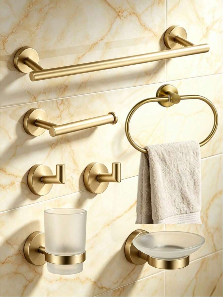 Drill Installation Bathroom Storage Set, Towel Ring, Stainless Steel Towel Bar, Toilet Paper Holder, Multi-Function Storage Hooks, 5/7pcs Set - Multicolor - View 1