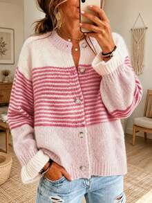 Women's Casual Round Neck Drop Shoulder Ruffle Striped Button Ribbed Cardigan, Chic Elegant Basic Going Out Back To School Sweater, Fall Winter - Multicolor - View 4