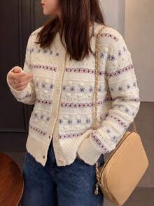Women's New Vintage Knit Cardigan, Round Neck Long Sleeve Button Sweater, Elegant Short Winter Knitwear - White - View 5