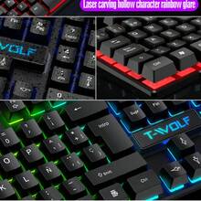 T-WOLF Keyboard Gaming Berkabel USB dengan Lampu Latar dan Tutup Tombol Mengambang, Nuansa Mekanik, Lampu LED, untuk PC - View 6