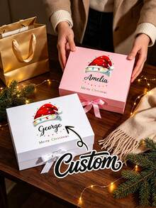 1pc Gift For Her/Him Personalized Custom Gift Box For Her/Him - Custom Name, Fashionable White Box With White Ribbon, Displaying Holiday Theme, Suitable For Commemorative Occasions, Christmas Party Gift, Holiday Gift Box, Pre-Christmas Gift Bag - Multicolor - View 3