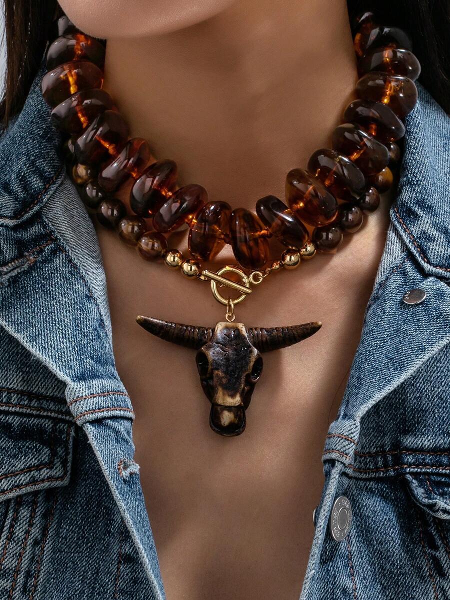 1/2pcs Women's Western Style Personalized Choker Necklace, Chunky Amber ...