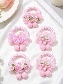 4pcs Girls Pink Flower Pom Pom Pendant Cute Hair Ties Suitable For Daily Use - Multicolor - View 5