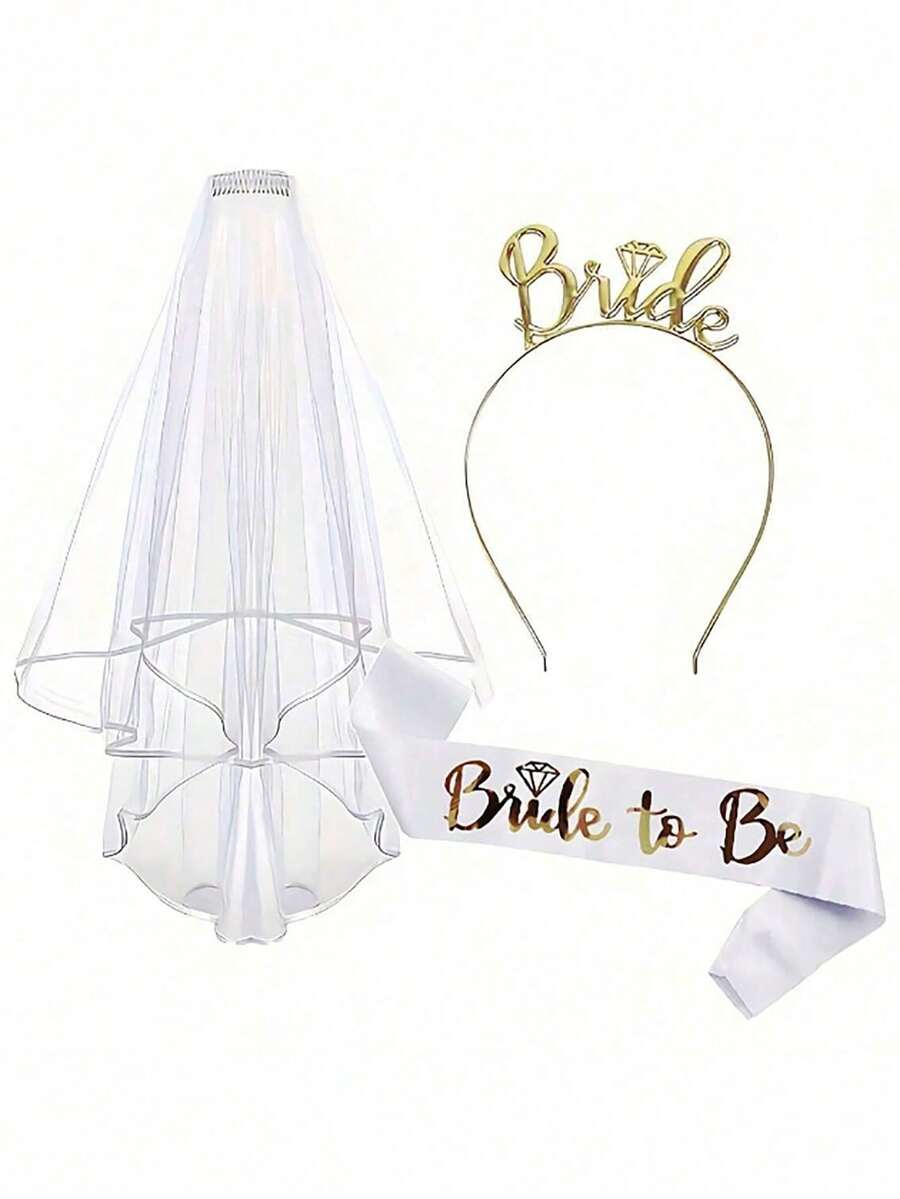 1 Set Bridal Rose Gold Headpiece, Veil And Hair Accessories, Suitable For Bachelorette Party, Wedding Photography, Bride-To-Be Outfit And Accessories