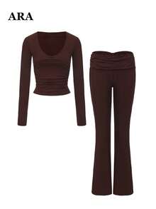 ARA Women's Autumn Brown 2 Pieces Set, V-Neck Long Sleeve Ruched Cropped Top and High-Waisted Long Sleeve Flare Pants, Back Ruched Detail Loungewear & Sportswear - Coklat - View 10