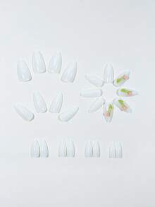 24pcs Cream White 3D Pink Floral Pastoral Minimalist Medium-Long Almond Pointed Press-On Fake Nails Nail Tips - Multicolor - View 3