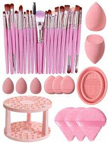 33Pcs Pink All-In-One Makeup Tools Set,20Pcs Professional Makeup Brushes,Multi-Size Makeup Sponges,Triangle Powder Puffs,Silicone Cleaning Bowl & Rotatable Makeup Brush Holder - Multicolor - View 13