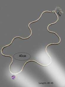 Light Luxury Sparkling Clavicle Chain, Shimmering Purple Heart-Shaped Zirconia Necklace - Silver - View 6