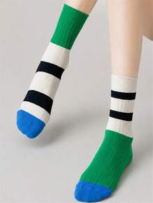 CLIMPRESSION Women's Colorblock Striped Boat Socks, Asymmetric Dual-Color Ribbed Knit Mid-Calf Socks, Fashion Contrast Toe Casual Cotton Socks - Blue - View 14