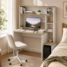HOMCOM Mesa de Escritorio con Estanterías Mesa de Ordenador Moderna con Estantes Soporte para Monitor CPU de Oficina Estudio 114x45x138 cm Blanco y Natural - A - Ver 7